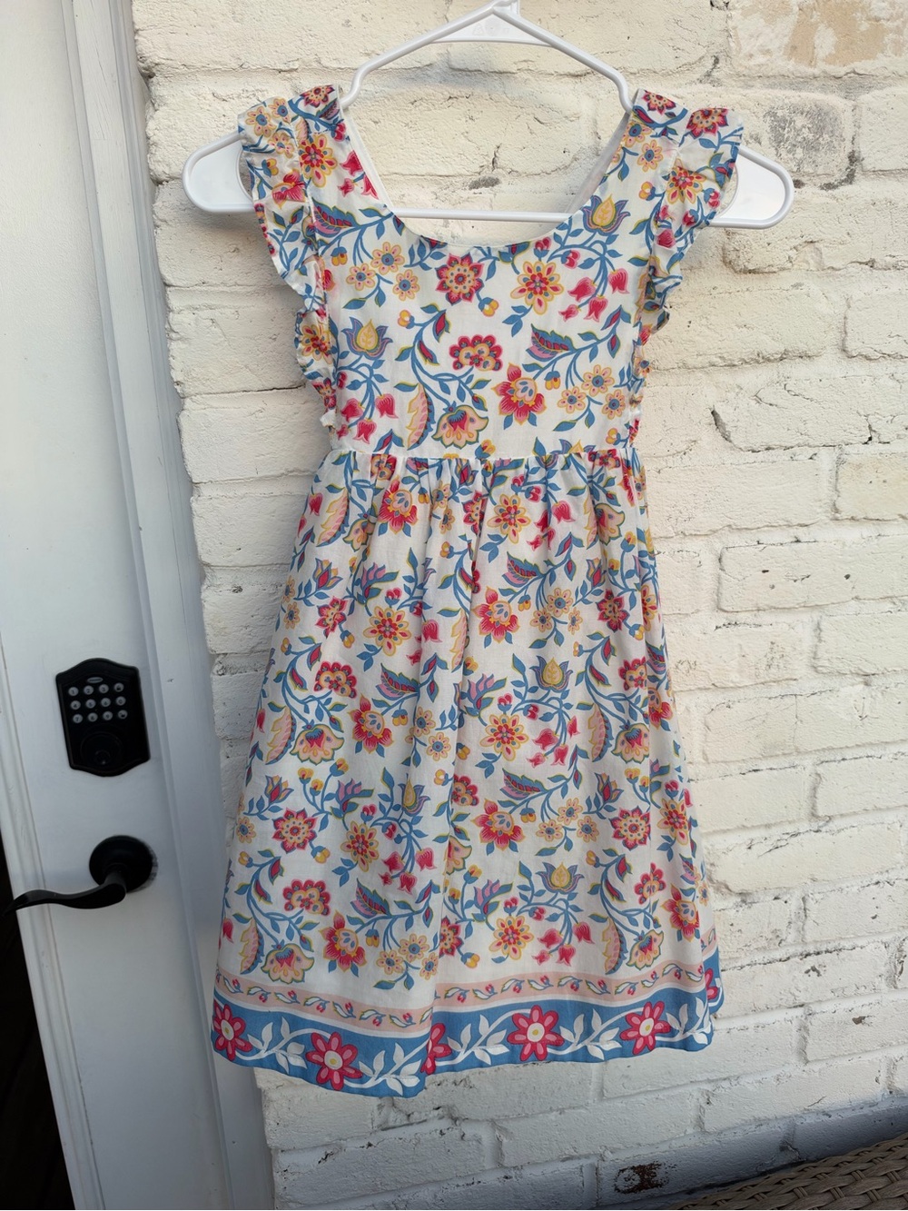 Mini boden Girls' Floral Ruffle-Sleeve Dress - White with Multicolor Print